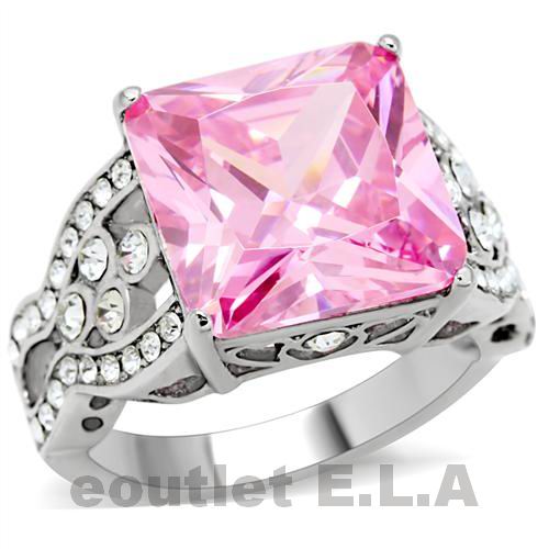 8CT PINK CRT SAPPHIRE N SWAROVSKI CRYSTALS ST.STEEL RING-4 sizes